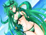  bikini blush breasts claws commentary_request dragon_girl dragon_horns dragon_tail eyewear_on_head front-tie_bikini front-tie_top g_(desukingu) green_eyes green_hair heterochromia horns karutia large_breasts long_hair monster_girl o-ring o-ring_bottom original red_eyes scar side-tie_bikini smile solo sunglasses swimsuit tail very_long_hair 