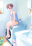  bangs bare_legs barefoot bored bottle breasts brown_hair camisole cleavage crossed_ankles foot_dangle full_body hair_ornament hairclip hi_iro highres hose indoors laundry laundry_basket legs_together looking_away open_mouth original parted_lips purple_eyes scrunchie short_hair shorts sink sitting sleeveless small_breasts soap_bottle solo spaghetti_strap washing_machine window 