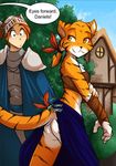  anthro blush breasts butt clothed clothing duo feline female flirting grin half-dressed human interspecies keidran looking_back mammal outside small_breasts standing tiger tom_fischbach twokinds walking 