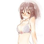  bare_shoulders bra breasts brown_eyes brown_hair glasses kashizu_ringo looking_at_viewer medium_breasts navel original short_hair signature simple_background sketch solo underwear upper_body white_background white_bra 