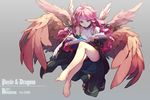  ahoge angel_wings archangel_metatron_(p&amp;d) bare_legs barefoot black_dress blue_eyes book breasts character_name choker cleavage dress feathered_wings long_hair medium_breasts multiple_wings open_book pink_hair puzzle_&amp;_dragons quill reading solo tennohi wings 