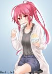  alternate_costume anti_(untea9) blush casual commentary_request eating food hair_ribbon highres i-168_(kantai_collection) ice_cream_spoon kantai_collection labcoat long_hair looking_at_viewer open_mouth ponytail red_eyes red_hair ribbon shaved_ice short_shorts shorts simple_background sitting solo spoon stool sweatdrop tears twitter_username 