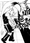  2015 action anthro biceps big_muscles clothed clothing digigrade digital_media_(artwork) elbow_pads equine fight fighting_ring fur hair half-dressed hooves horn knee_pads legwear lonewolf_(343) male male/male mammal monochrome muscles rhinoceros slamming tights toned violence wrestling zebra 