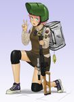  absurdres adidas anyan_(jooho) bag blue_eyes converse full_body gun helmet highres knee_pads name_tag one_knee original pink_hair rifle school_uniform shadow shoes short_hair simple_background sneakers sniper_rifle solo v vss_vintorez weapon 