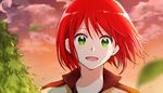  :d akagami_no_shirayukihime green_eyes hinomiya22 leaf open_mouth red_hair shirayuki_(akagami_no_shirayukihime) short_hair smile solo upper_body 
