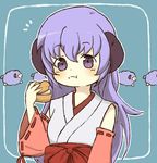  :t chokopen cream_puff detached_sleeves eating food hakama hanyuu higurashi_no_naku_koro_ni horns japanese_clothes long_hair miko purple_eyes purple_hair red_hakama ribbon-trimmed_sleeves ribbon_trim sheep 