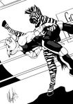  2015 action anthro biceps big_muscles clothed clothing digigrade digital_media_(artwork) elbow_pads equine fight fighting_ring fur hair half-dressed hooves horn kick knee_pads legwear lonewolf_(343) male male/male mammal monochrome muscles rhinoceros tights toned violence wrestling zebra 