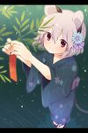  akagashi_hagane alternate_costume animal_ears bamboo blush border floral_print flower from_above gradient gradient_background grey_hair hair_flower hair_ornament japanese_clothes kimono long_sleeves mouse_ears mouse_tail nazrin obi pink_eyes ribbon sandals sash short_hair solo star star-shaped_pupils symbol-shaped_pupils tail tanabata tanzaku touhou wide_sleeves 