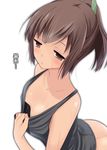  absurdres bottomless breasts brown_hair cleavage downblouse half-closed_eyes highres hot i-401_(kantai_collection) kantai_collection ponytail short_hair simple_background small_breasts solo sweat takeyuu tank_top white_background 