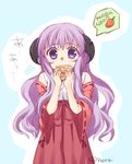  bad_id bad_pixiv_id cream_puff detached_sleeves eating food habanero hakama hanyuu highres higurashi_no_naku_koro_ni horns hourai_susugu japanese_clothes long_hair miko purple_eyes purple_hair red_hakama ribbon-trimmed_sleeves ribbon_trim tears 