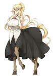  animal_ears ascot bare_shoulders blonde_hair blue_eyes blush breasts centaur centorea_shianus full_body hands_on_own_chest horse_ears horse_tail huge_breasts long_hair looking_at_viewer monster_girl monster_musume_no_iru_nichijou multiple_legs pas_(paxiti) pointy_ears ponytail ribbed_shirt shirt simple_background sleeveless solo tail very_long_hair white_background 