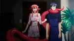  1boy 1girl angry animated animated_gif asphyxiation choking kurusu_kimihito lamia long_hair miia_(monster_musume) monster_girl monster_musume_no_iru_nichijou open_mouth red_hair standing 