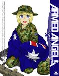  anyan_(jooho) armed_angels assault_rifle australia australian_flag bayonet blonde_hair blue_eyes boonie_hat bullpup camouflage camouflage_hat engrish flag gun hat helmet knife looking_at_viewer m72_law military military_hat military_uniform open_mouth original ranguage rifle seiza shadow short_hair simple_background sitting solo steyr_aug uniform weapon white_background 