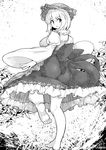  adapted_costume aki_minoriko barefoot faux_traditional_media from_behind greyscale hat looking_back monochrome sketch solo touhou umigarasu_(kitsune1963) wide_sleeves 