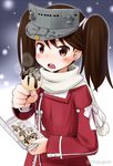  :o blush breath brown_eyes brown_hair food haruna_mao japanese_clothes kantai_collection kariginu long_sleeves ryuujou_(kantai_collection) scarf snow takoyaki twintails visor_cap 