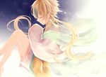  barefoot blonde_hair closed_eyes gen_3_pokemon jirachi kurokarasu legendary_pokemon multicolored_hair personification pokemon profile short_hair_with_long_locks sky solo star_(sky) starry_sky 