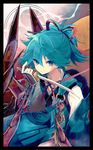  blue_eyes blue_hair japanese_clothes male_focus ponytail rain sayo_samonji solo sword t_miyanagi tantou touken_ranbu weapon 