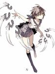  ahoge blade breasts brown_hair hijiri_(resetter) kneehighs knife leaning_forward long_legs original outstretched_arm pleated_skirt school_uniform short_hair simple_background skirt small_breasts socks solo weapon white_background yellow_eyes 