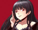  1girl bare_shoulders black_hair bra coat inu_to_hasami_wa_tsukaiyou lips long_hair magenta_background natsuno_kirihime open_mouth red_eyes simple_background underwear 