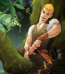 1boy blonde_hair clothed clothed_masturbation green_eyes itto_(mentaiko) male male_focus masturbation nature outdoors outside partially_clothed tatoos 