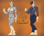  2015 abs badge belt biceps breasts canine clothing doberman dog female flexing hat invalid_tag kudan7 mammal model_sheet muscles muscular_female necktie nipples pants police police_officer pose pussy red_eyes shirt smile solo uniform 