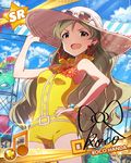  :d alternate_hairstyle beamed_eighth_notes bracelet brown_hair character_name character_signature earrings hand_on_headwear hand_on_hip handa_roko hat idolmaster idolmaster_million_live! jewelry long_hair looking_at_viewer musical_note official_art one-piece_swimsuit open_mouth smile sun_hat swimsuit v-shaped_eyebrows yellow_eyes 