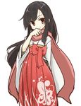  bad_id bad_twitter_id bangs black_hair blush bow covering_mouth floral_print hakama hand_over_own_mouth japanese_clothes kimono long_hair looking_at_viewer meiji_schoolgirl_uniform original parted_bangs red_eyes red_hakama scarf senhappyaku simple_background smile solo white_background 