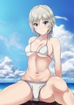  anastasia_(idolmaster) bare_shoulders bikini blue_eyes breasts cloud collarbone day highres horizon idolmaster idolmaster_cinderella_girls inoshira looking_at_viewer medium_breasts micro_bikini navel short_hair sitting sky solo sweat swimsuit white_bikini 