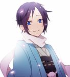  alternate_hair_length alternate_hairstyle blue_eyes haori japanese_clothes looking_at_viewer male_focus mole mole_under_eye purple_hair scarf shinsengumi solo touken_ranbu upper_body white_background white_scarf yamato-no-kami_yasusada yugake_(mrnmrm) 