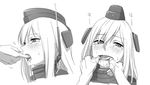  bad_id bad_twitter_id blush eyebrows_visible_through_hair finger_in_another's_mouth greyscale hat headgear kantai_collection kinosuke_(sositeimanoga) long_hair monochrome mouth_pull open_mouth saliva simple_background solo_focus tears u-511_(kantai_collection) white_background 