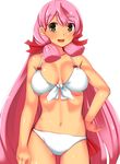  akashi_(kantai_collection) bad_id bad_pixiv_id bikini blunt_ends blush body_blush breasts breasts_apart chirashi_(so) front-tie_bikini front-tie_top green_eyes hair_ribbon hand_on_hip kantai_collection long_hair looking_at_viewer open_mouth pink_hair red_ribbon ribbon ribs sagging_breasts simple_background smile solo swimsuit tress_ribbon very_long_hair white_background white_bikini 