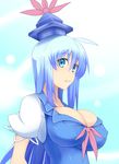  blue_eyes blue_hair breasts cleavage eyes_visible_through_hair from_side hair_between_eyes impossible_clothes kamishirasawa_keine large_breasts long_hair looking_at_viewer puffy_short_sleeves puffy_sleeves ribbon shirt short_sleeves solo tamuhi touhou upper_body white_shirt 