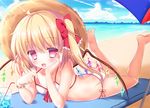  ass barefoot beach bikini blonde_hair blue_sky bow cloud day drink drinking_straw flandre_scarlet hair_bow hat lake legs_up lying on_stomach open_mouth outdoors parasol pink_eyes revision rikatan side_ponytail sky smile solo straw_hat swimsuit the_pose touhou tropical_drink umbrella white_bikini wings 
