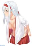  bent_over breasts brown_eyes hairband isshiki_(ffmania7) japanese_clothes jpeg_artifacts kantai_collection long_hair medium_breasts open_clothes panties shoukaku_(kantai_collection) side-tie_panties silver_hair simple_background smile solo underwear undressing white_background 