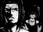  1girl bare_shoulders black_background breasts circlet cleavage empty_eyes evil_smile facial_hair goatee greyscale husband_and_wife ishiyumi izanagi_(p&amp;d) izanami_(p&amp;d) jewelry long_hair looking_back magatama medium_breasts monochrome necklace off_shoulder puzzle_&amp;_dragons smile 