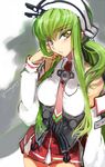  breasts c.c. code_geass cosplay creayus detached_sleeves green_hair hat kantai_collection large_breasts littorio_(kantai_collection) littorio_(kantai_collection)_(cosplay) long_hair looking_at_viewer miniskirt necktie skirt solo twitter_username yellow_eyes 