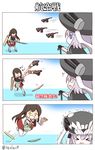 &gt;_&lt; 3koma :i akagi_(kantai_collection) bow_(weapon) brown_hair closed_eyes comic drooling flying_sweatdrops hakama_skirt headgear highres japanese_clothes kantai_collection long_hair multiple_girls muneate open_mouth red_skirt rexlent shinkaisei-kan skirt sparkling_eyes translation_request trembling twitter_username wavy_mouth weapon white_legwear wo-class_aircraft_carrier 