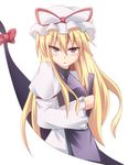  blonde_hair dress fan folding_fan gap hat long_hair mob_cap roshin tabard touhou yakumo_yukari yellow_eyes 