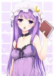  bare_arms bare_shoulders book breasts choker collarbone crescent hat long_hair looking_at_viewer medium_breasts mob_cap nightgown open_mouth patchouli_knowledge purple_eyes purple_hair ribbon_choker solo strap_slip tokugawa_landine touhou very_long_hair 