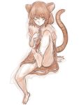  animal_ears bare_legs barefoot cape cat_ears dress feet highres kuro_suto_sukii limited_palette mouse_ears mouse_tail nazrin one_eye_closed outstretched_leg sitting solo tail touhou 