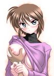  1girl areolae arm_grab assertive blue_eyes blush breast_grab breasts brown_hair glasses grabbing guided_breast_grab highres large_breasts long_sleeves looking_at_viewer lyrical_nanoha mahou_shoujo_lyrical_nanoha_innocent material-s nipples no_bra one_breast_out sakura_ryuuken shirt_lift short_hair simple_background solo_focus standing upper_body white_background 