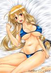  bad_id bad_pixiv_id bikini blonde_hair breasts covered_nipples fate_testarossa large_breasts long_hair looking_at_viewer lying lyrical_nanoha mahou_shoujo_lyrical_nanoha_strikers marker_(medium) navel o-ring o-ring_bottom open_mouth red_eyes shiny shiny_skin skindentation swimsuit takecha traditional_media 