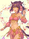  animal_ears bad_id bad_pixiv_id bare_shoulders breasts cat_ears cat_tail detached_sleeves earrings fang final_fantasy final_fantasy_xiv hair_ribbon harem_outfit jewelry medium_breasts midriff miqo'te momoko_(momopoco) navel open_mouth petals ponytail purple_hair ribbon skirt slit_pupils smile solo tail tiara yellow_eyes 