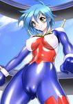  :d allenby_beardsley blue_hair bodysuit breasts cameltoe cloud clouds cockpit erect_nipples female from_below g_gundam gradient gradient_background green_eyes grin gundam highres large_breasts legs looking_away mobile_trace_suit open_mouth sakura_ryuuken shiny shiny_clothes short_hair skin_tight sky smile solo standing thighs 