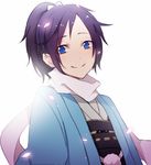  blue_eyes haori high_ponytail japanese_clothes long_hair looking_at_viewer male_focus mole mole_under_eye purple_hair scarf shinsengumi solo touken_ranbu upper_body white_background white_scarf yamato-no-kami_yasusada yugake_(mrnmrm) 