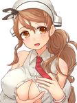  bad_id bad_pixiv_id bare_shoulders breasts brown_eyes brown_hair cleavage hat highres kantai_collection large_breasts littorio_(kantai_collection) looking_at_viewer necktie open_clothes open_mouth open_shirt paizuri_invitation presenting sawatari_(sado) shirt smile solo unbuttoned 
