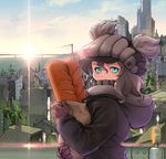  alternate_costume aqua_eyes bag baguette bread bridge casual food freckles gloves grey_hair hat hood hooded_jacket jacket kantai_collection looking_at_viewer meiz paper_bag red_pupils solo sunrise wo-class_aircraft_carrier 