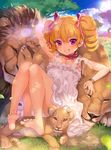  absurdres apple_watch banned_artist barefoot blonde_hair blue_sky closed_eyes cloud cub day dress drill_hair furyou_michi_~gang_road~ grass grin highres licking lion lion_cub looking_at_viewer neck_ribbon outdoors pink_eyes ribbon sitting sky smile solo tongue tree twin_drills umbrella_thorn watch white_dress wristwatch xil 