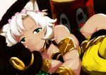  animal_ears blush breasts cat_ears dark_skin erune flower granblue_fantasy green_eyes hair_flower hair_ornament k2isu looking_at_viewer lying medium_breasts melleau on_side silver_hair smile 