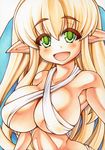  breasts colored_eyelashes colored_pencil_(medium) elf green_eyes large_breasts long_hair looking_at_viewer marker_(medium) millipen_(medium) open_mouth original pointy_ears slit_pupils smile solo traditional_media underboob upper_body very_long_hair yutakasan-love 